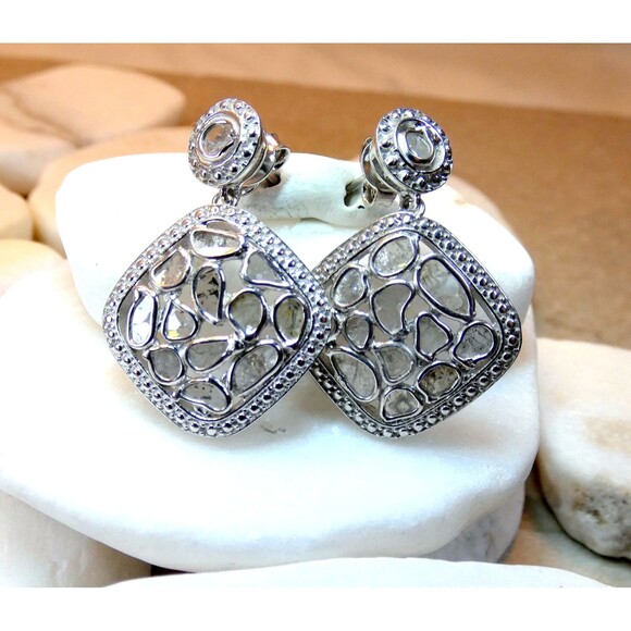 Genuine Rose Cut Diamond Sterling Silver Earrings 1.86CT - Picture 6 of 9